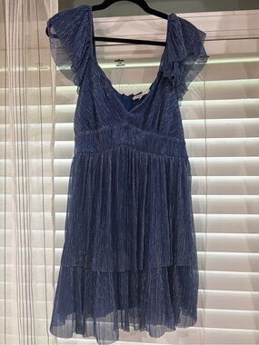 Francesca's Collections Blue Metallic Pleated Ruffle Mini Dress